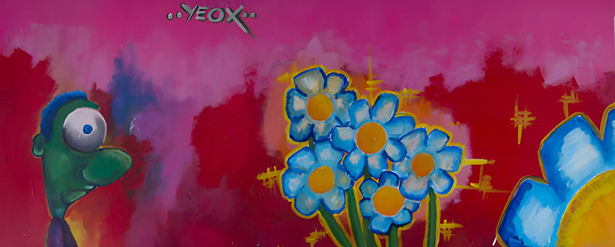 Pintura acrílica de EOX con personaje verde y flores azules sobre fondo rosa saturado y expresionista.
